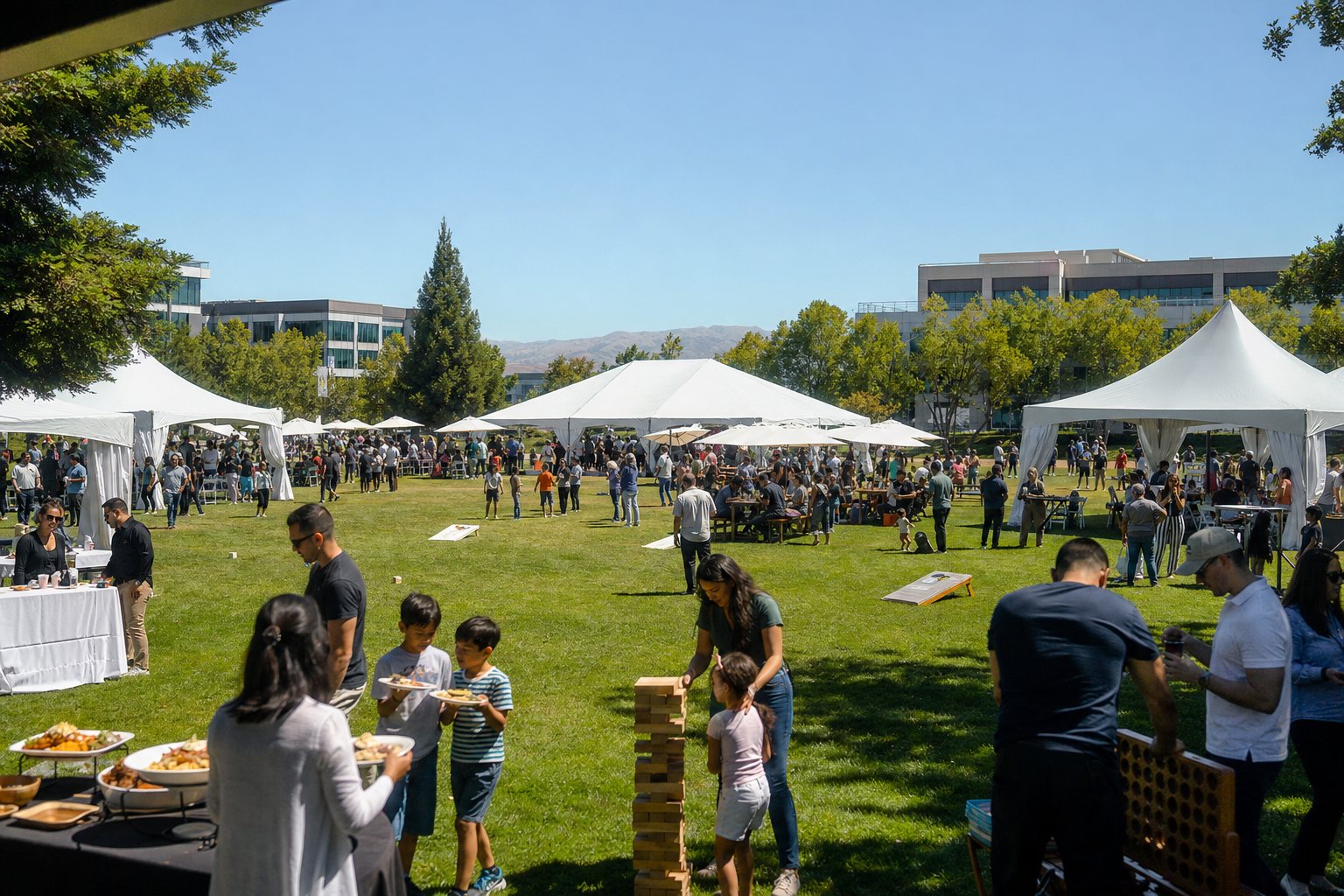 Agencja eventowa - duży piknik firmowy family day na trawie z namiotami i grami