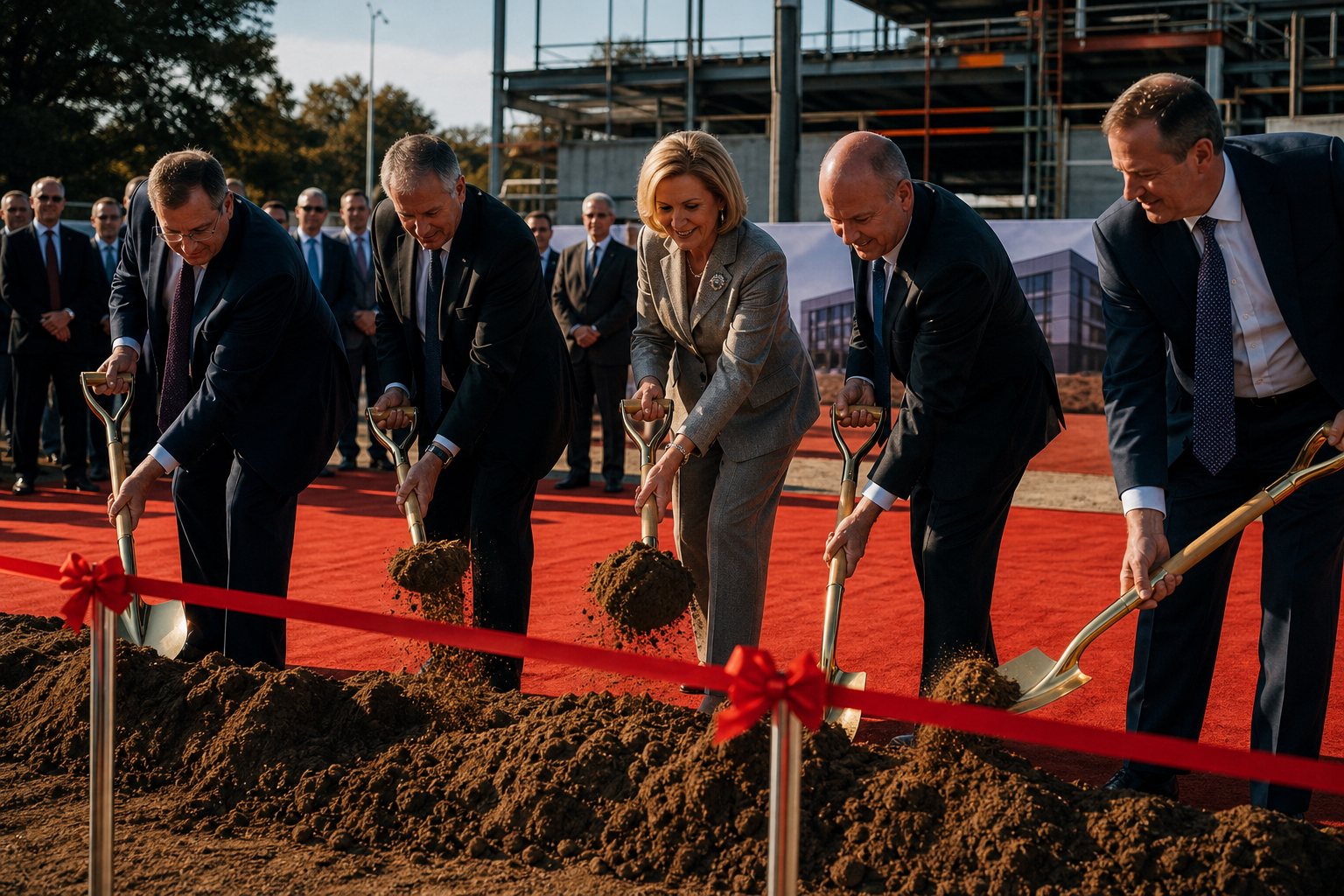 Wmurowanie kamienia węgielnego - ceremonia pierwszej łopaty ze złotymi szpadlami i wstęgą
