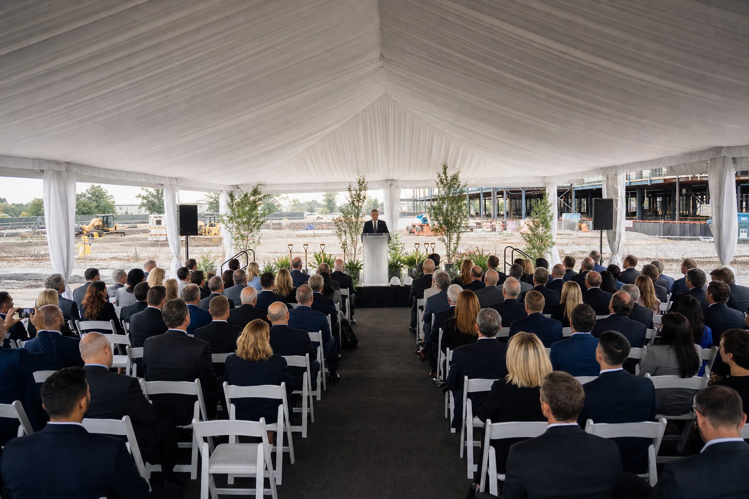 Agencja eventowa - elegancki namiot ceremonialny na placu budowy z rzędami krzeseł
