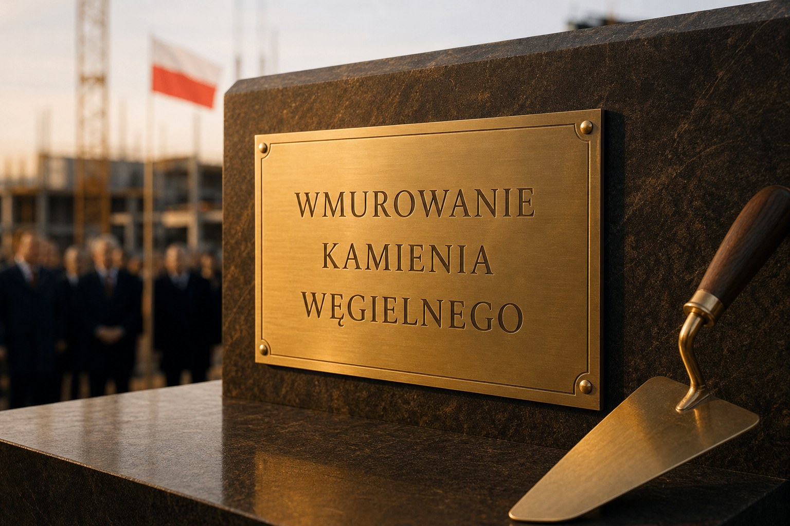 Wmurowanie kamienia węgielnego - tablica z grawerem „Wmurowanie kamienia węgielnego" na kamieniu, kielnia i ceremonia w tle