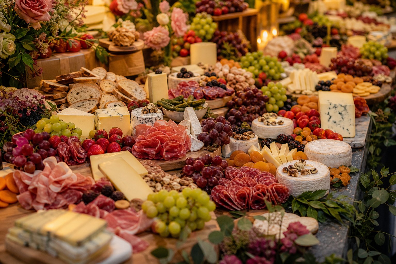 Obszar działania — Euforia Event - obfity grazing table z serami, wędlinami i owocami w eventowym świetle