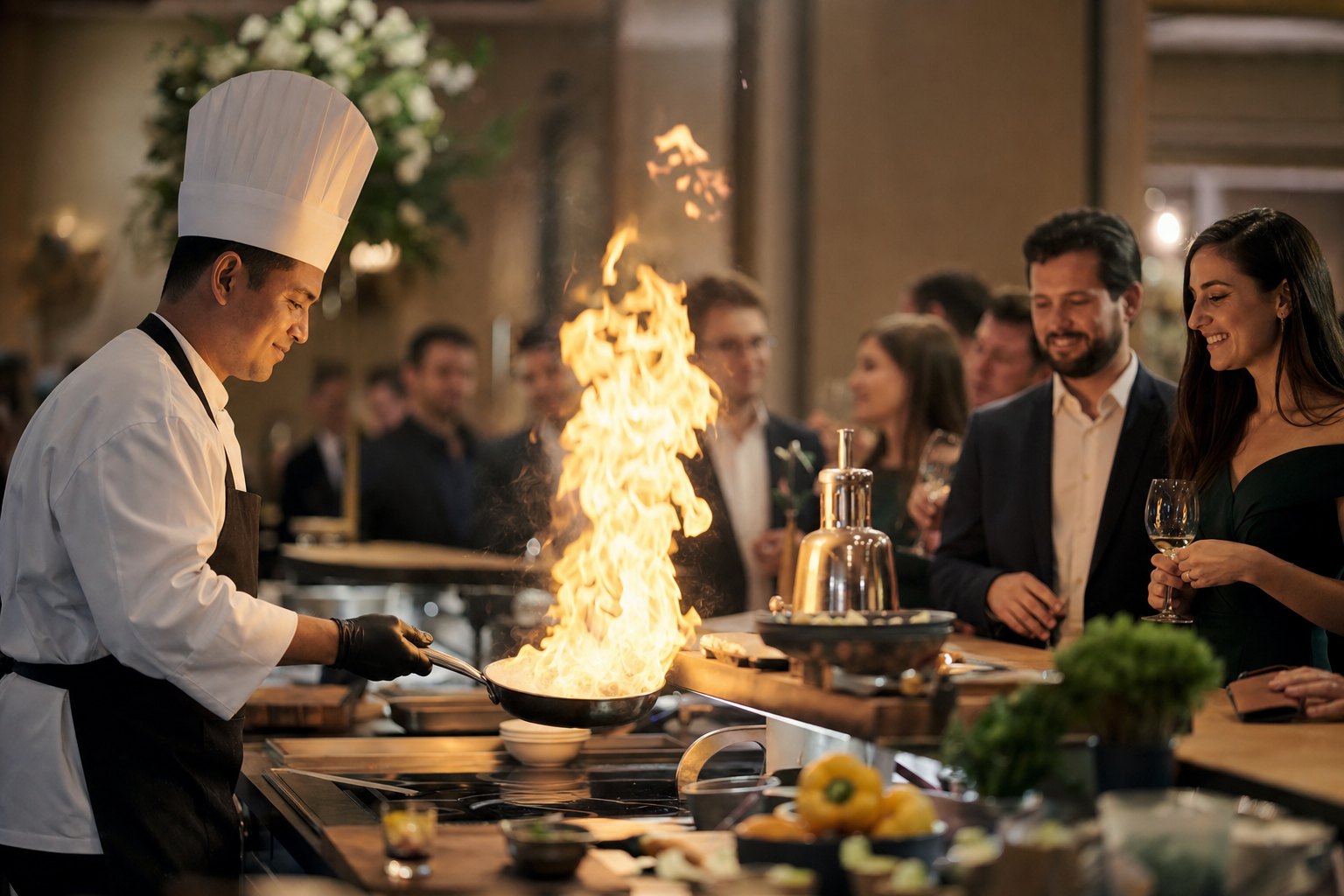 Agencja eventowa Piotrków Trybunalski - stacja show-cooking z szefem kuchni flambirującym na oczach gości