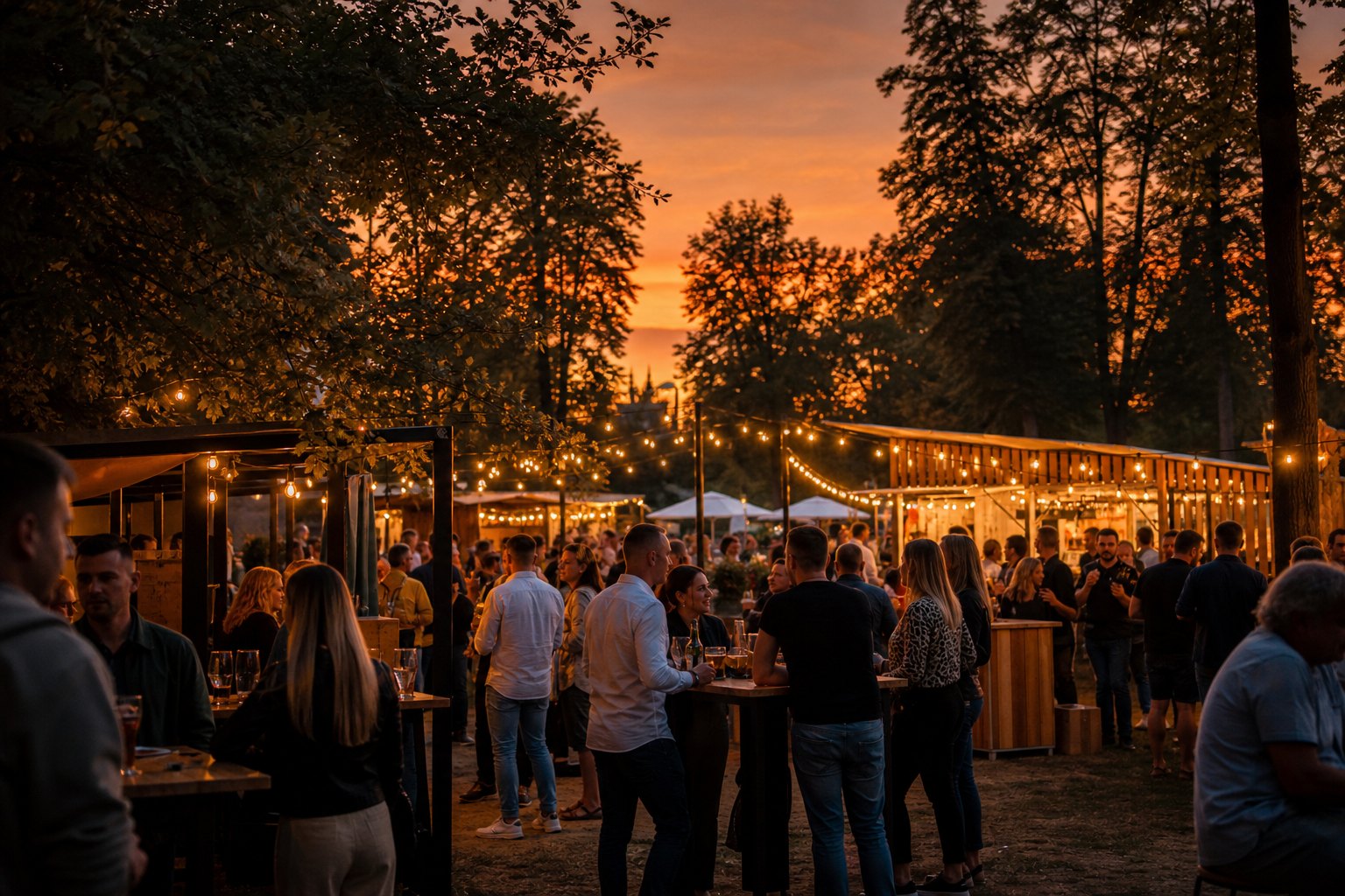 Kalkulator budżetu eventu - plenerowa strefa lifestyle i gastro festiwalu o zmierzchu z lampkami