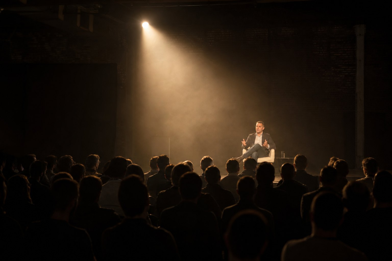 Agencja eventowa Puławy - kameralny keynote w świetle reflektora i mgle, publiczność w sylwetkach