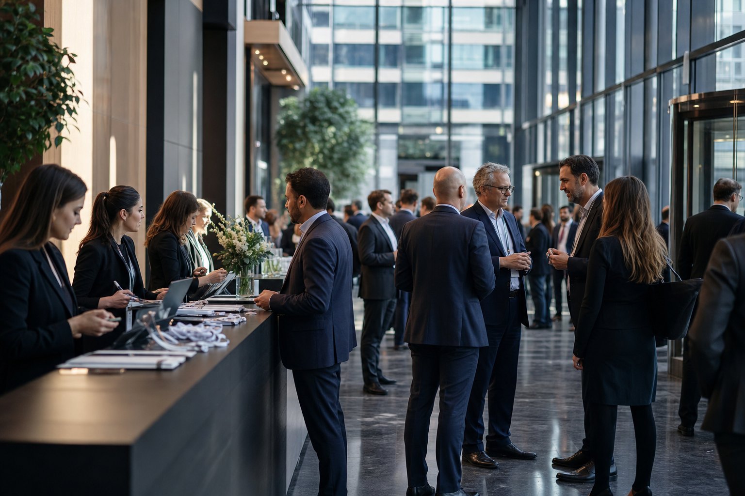 Organizacja konferencji i kongresów - strefa rejestracji i networkingu summitu biznesowego w nowoczesnym foyer