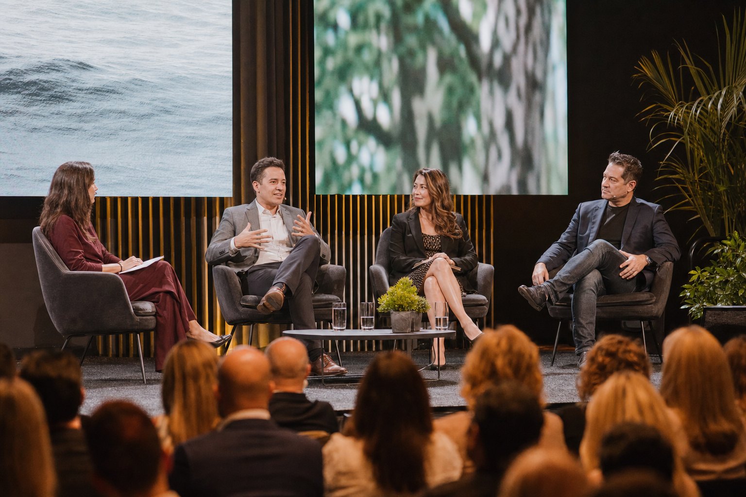 Organizacja konferencji i kongresów - dyskusja panelowa na scenie z prelegentami w fotelach i publicznością