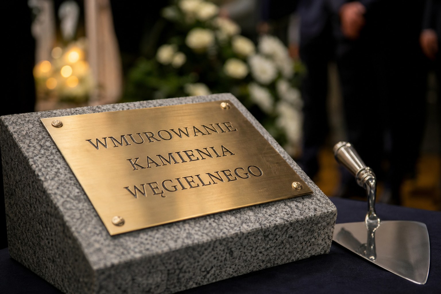 Wmurowanie kamienia węgielnego - mosiężna tablica pamiątkowa wmurowania kamienia węgielnego przy kielni i kwiatach