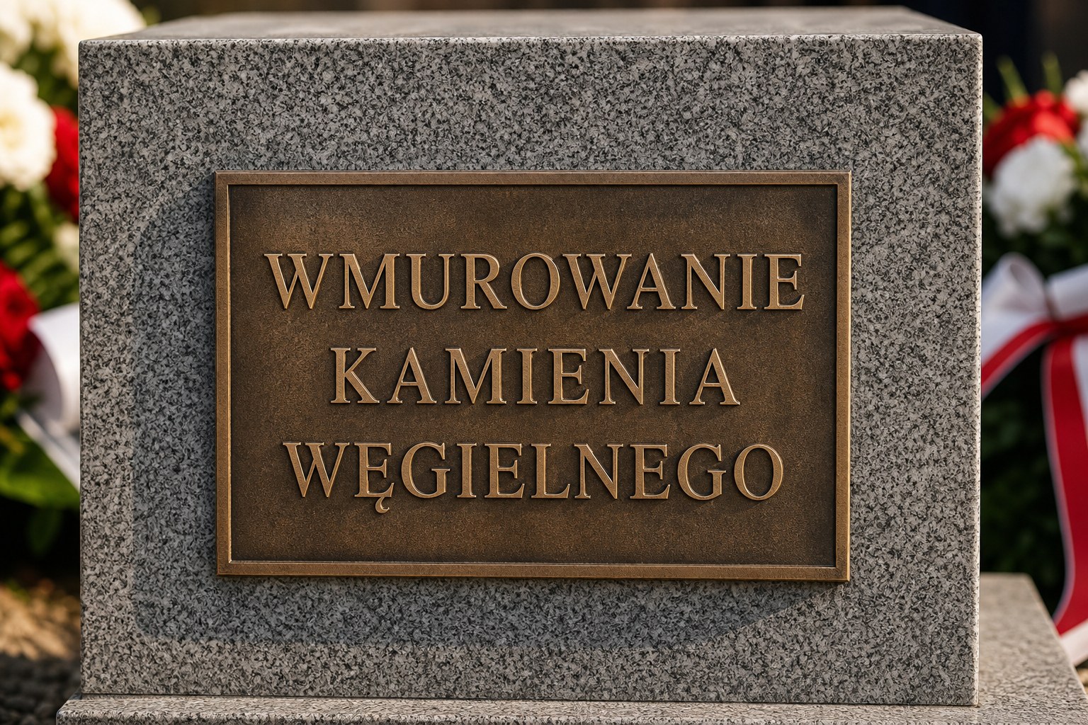 Wmurowanie kamienia węgielnego - brązowa tablica z napisem wmurowania kamienia węgielnego na granitowym cokole